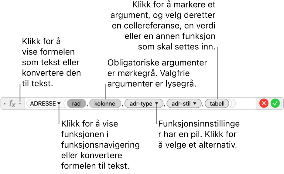 Formelredigeringen viser ADRESSE-funksjonen og argumentbobler.