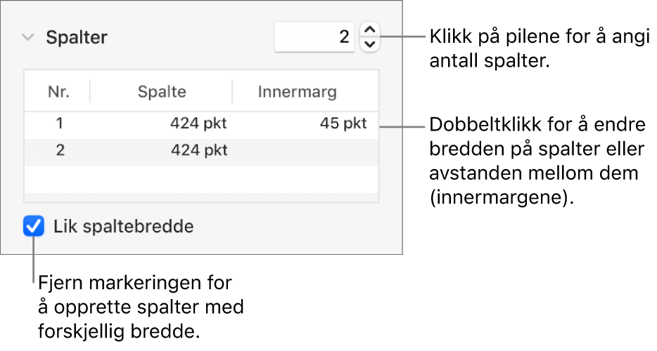 Kontroller i spaltedelen for å endre antallet spalter og bredden på de enkelte spaltene.