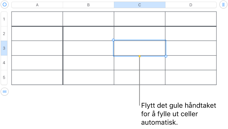 En markert celle med et gult håndtak som du kan dra i for å autoutfylle celler.