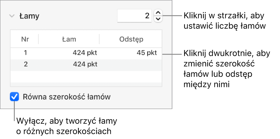 Narzędzia w sekcji łamów, służące do zmieniania liczby łamów oraz szerokości każdego łamu.