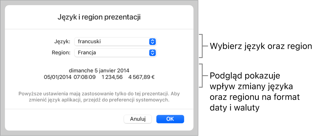 Panel Język i region z narzędziami do ustawień języka i regionu, a także przykład formatu zawierający datę, czas, liczbę dziesiętną oraz walutę.