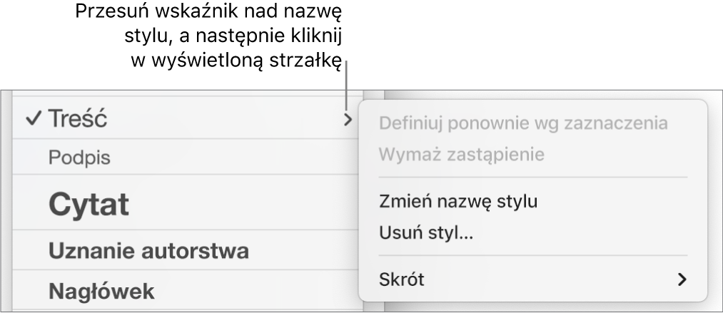 Menu Style akapitu z otwartym menu skrótów.