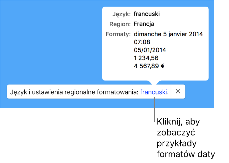 Powiadomienie o różnicy ustawień dotyczących języka i regionu, pokazujące przykłady formatowania używanego w wybranym języku i regionie.