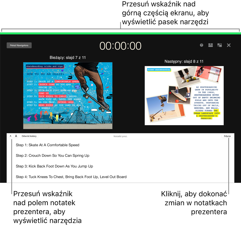 Ekran prezentera Keynote z przyciskami do otwierania i zamykania nawigatora slajdów oraz opcjami wyświetlania na górze ekranu. Bieżący i następny slajd są wyświetlane na środku ekranu, a pole notatek prezentera znajduje się na dole.