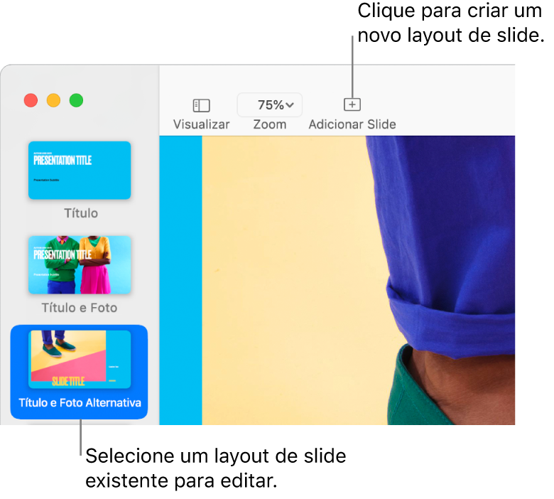 Um layout de slide exibido na área de layouts de slide, com o botão Adicionar Slide acima dele na barra de ferramentas.