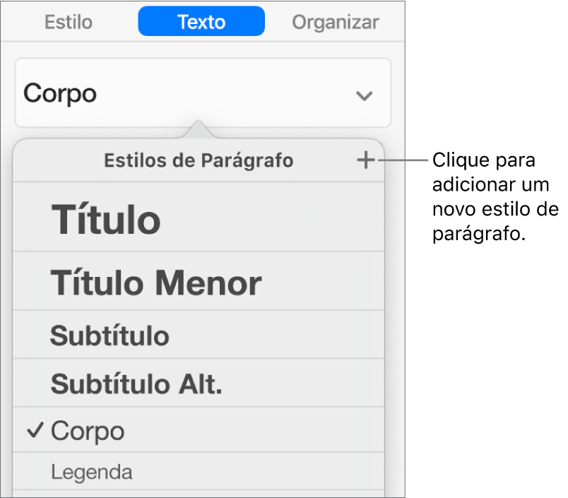 Menu Estilos de Parágrafo com balão explicativo para o botão Novo Estilo.
