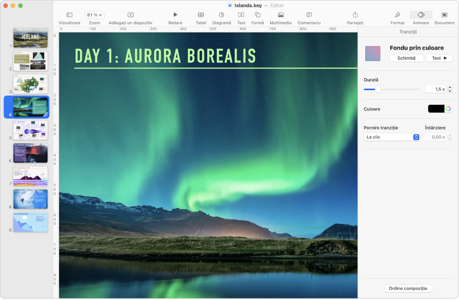 Fereastra Keynote cu un diapozitiv selectat în navigatorul de diapozitive din stânga ecranului. Comenzile Tranziții apar în bara laterală Animare, deschisă în dreapta ecranului.