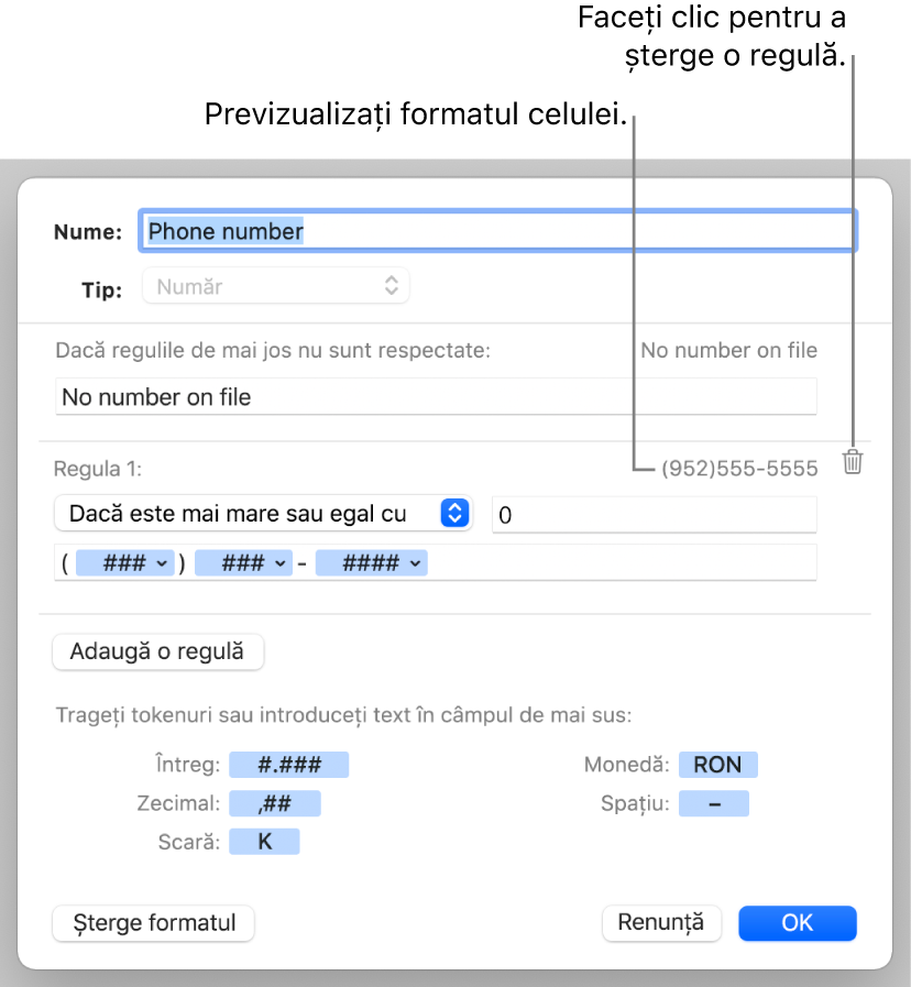 Format numeric personalizat de celulă cu reguli.