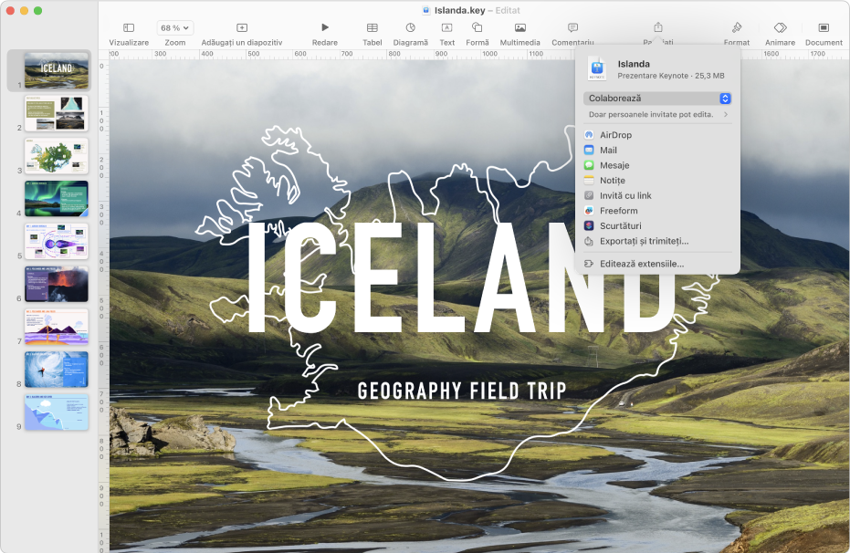 Fereastra Keynote cu meniul de partajare deschis din bara de instrumente.