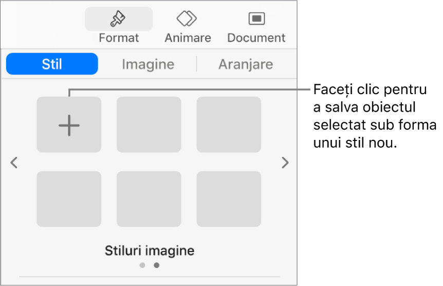 Fila Stil a barei laterale Format cu un stil de casetă de text, butonul Creează un stil la dreapta acesteia și patru substituenți de stil necompletați.