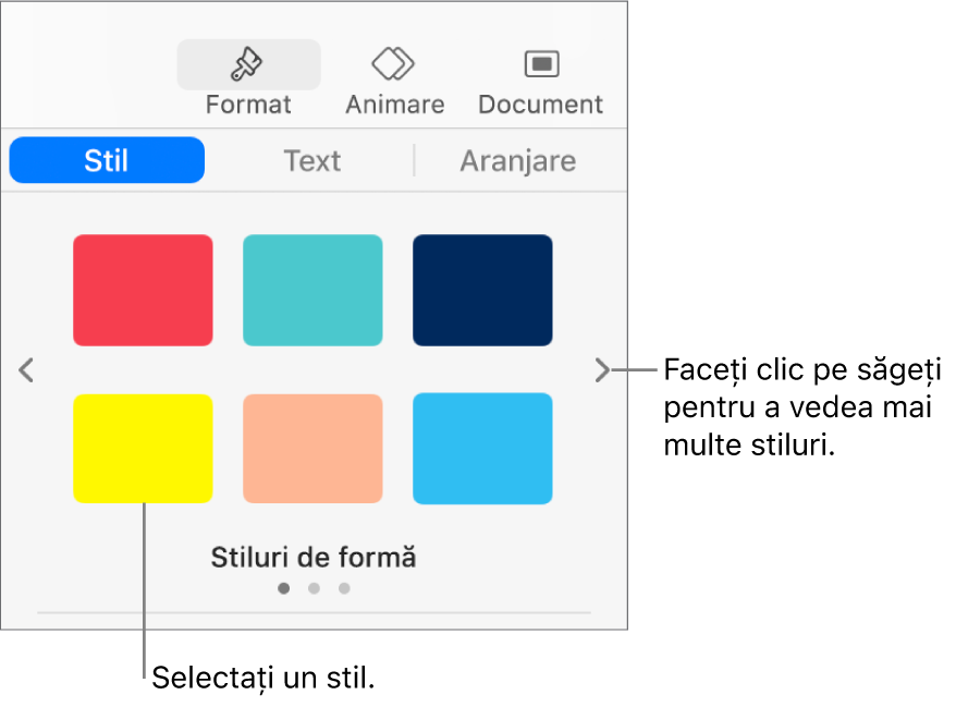 Fila Stil a barei laterale Format cu șase stiluri de obiecte și cu săgeți de navigare la stânga și la dreapta acestora.