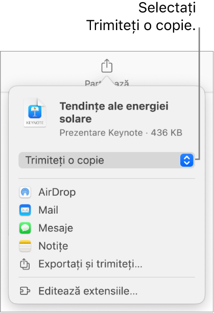 Meniul Partajează, cu opțiunea Trimite o copie selectată în partea de sus.