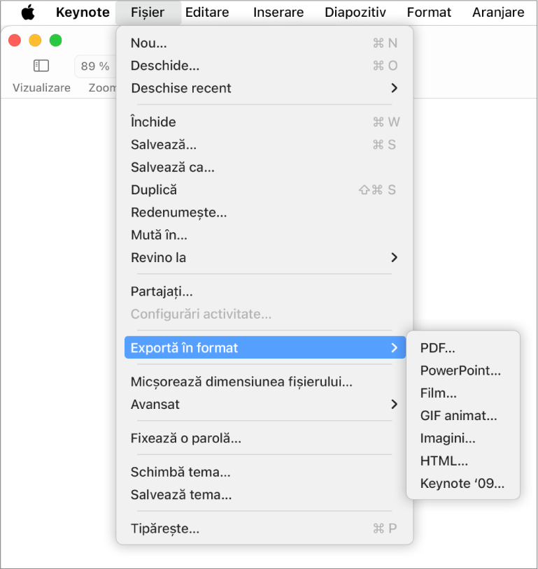 Meniul Fișier deschis cu Exportă în selectat și submeniul său care arată opțiuni de exportare pentru PDF, PowerPoint, Movie, HTML, Images și Keynote ’09.