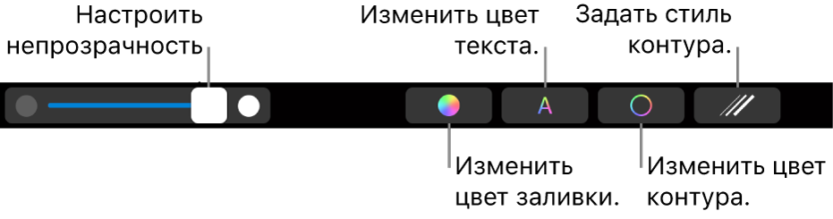 Панель Touch Bar на MacBook Pro. Показаны элементы управления для регулировки прозрачности фигуры, изменения цвета текста, изменения цвета контура и применения стиля контура.