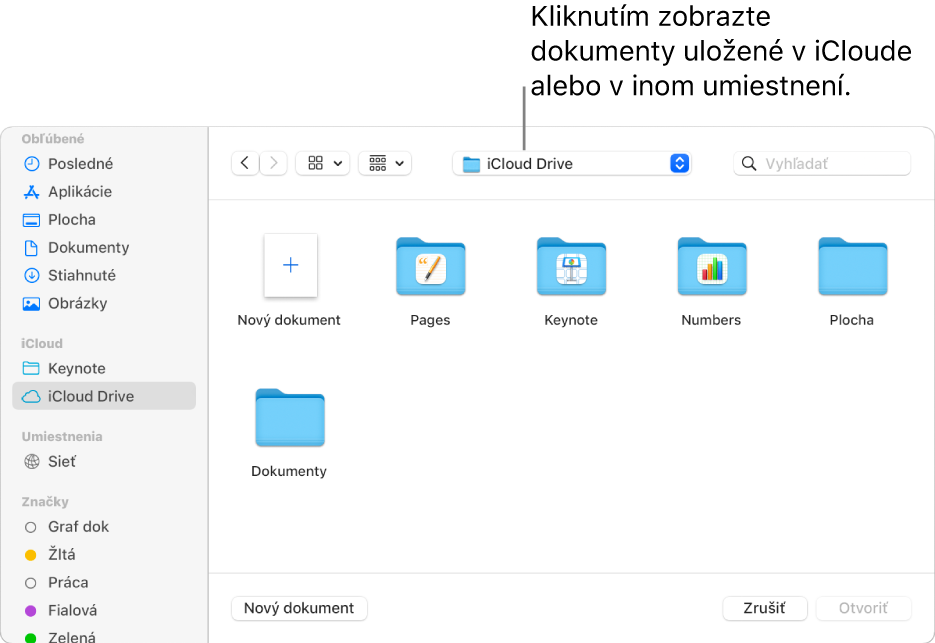 Dialógové okno Otvoriť s postranným panelom naľavo a iCloud Drive vybraný vo vyskakovacom menu navrchu. Priečinky pre Keynote, Numbers a Pages sa objavia v dialógovom okne spolu s tlačidlom Nový dokument.