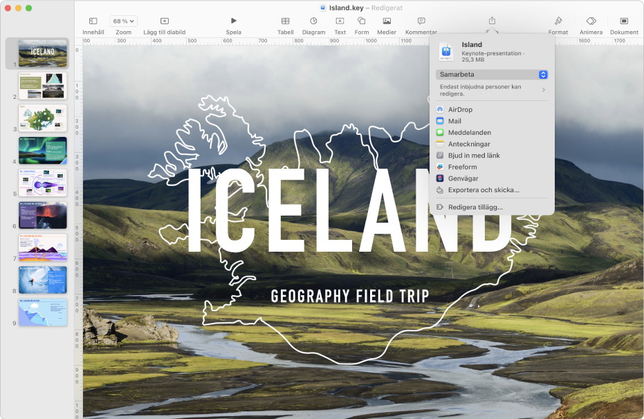 Keynote-fönstret med menyn Dela öppnad från verktygsfältet.