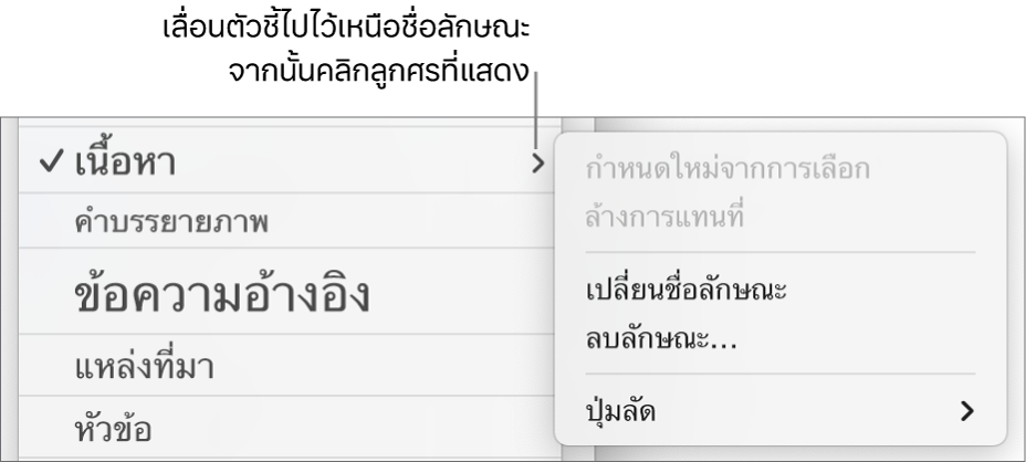 เมนูลักษณะย่อหน้าที่มีเมนูลัดเปิดอยู่