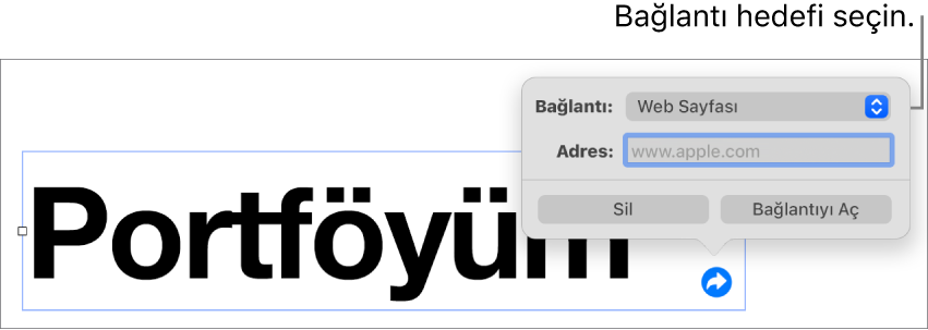 Bağlantı düzenleyici denetimlerinde Web Sayfası seçili, en altta ise Bağlantıyı Sil ve Aç düğmeleri bulunuyor.