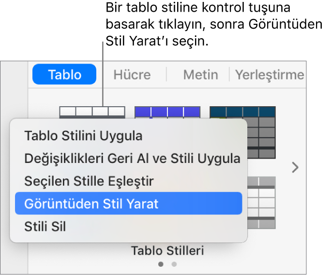 Tablo stili kestirme menüsü.