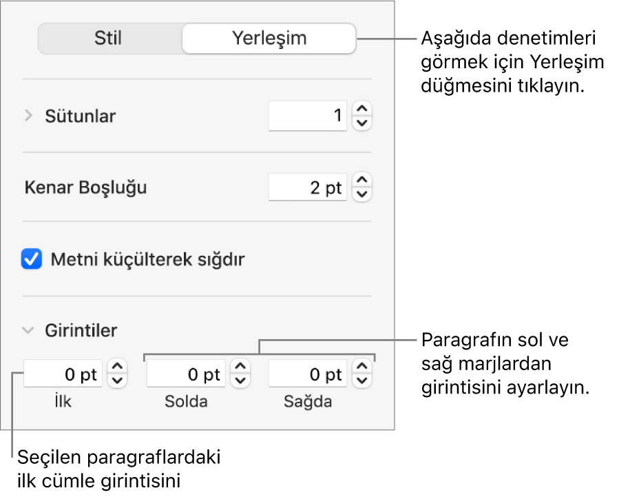 İlk satır girintisini ve paragraf marjlarını ayarlama denetimlerini gösteren Biçim kenar çubuğunun Yerleşim bölümü.