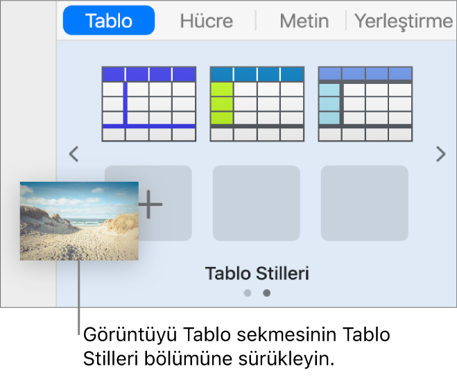 Tablo stillerine bir görüntü sürüklediğinizde yeni bir stil yaratılır.