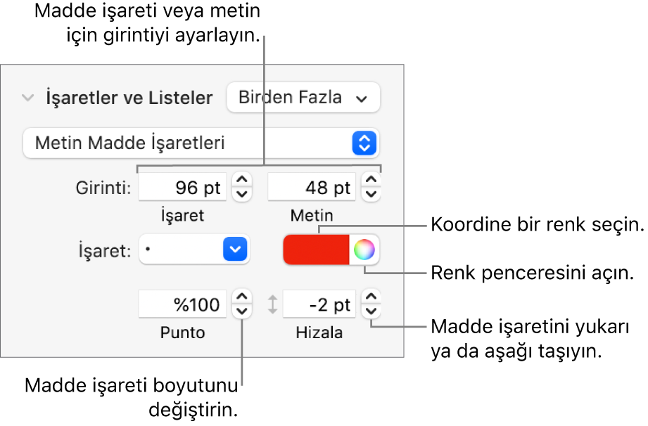 Madde işareti ve metin girintisi, madde işareti rengi, madde işareti büyüklüğü ve hizalaması için denetim belirtimlerini içeren İşaretler ve Listeler bölümü.