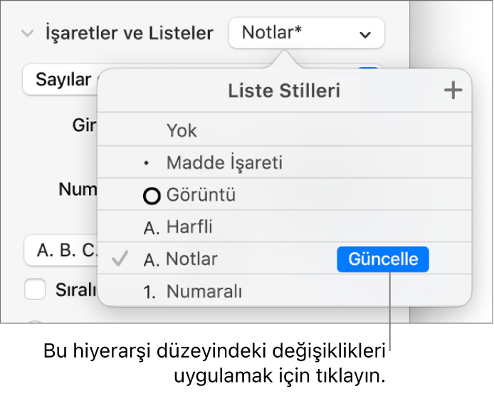 Yeni stilin adının yanında Güncelleme düğmesi olan Liste Stilleri açılır menüsü.