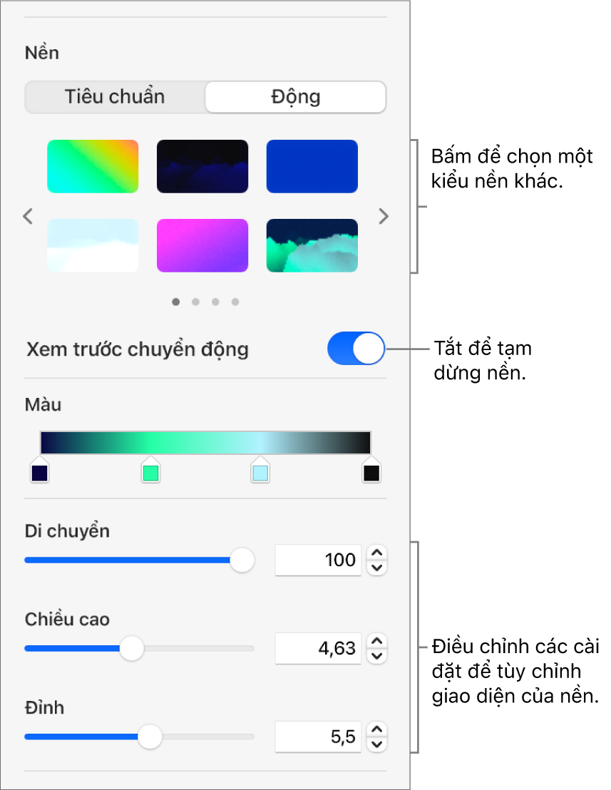 Nút Động được chọn trong phần Nền của thanh bên Định dạng với các kiểu nền động, điều khiển Xem trước chuyển động và các điều khiển hình thức được hiển thị.