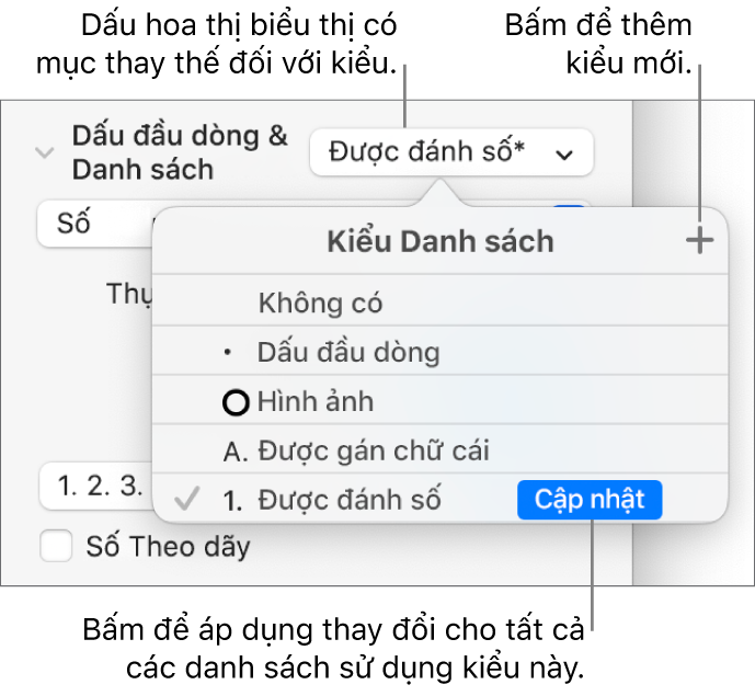 Menu bật lên Kiểu danh sách với dấu hoa thị biểu thị giá trị thay thế và các lời nhắc đến nút Kiểu mới và menu con chứa các tùy chọn quản lý kiểu.