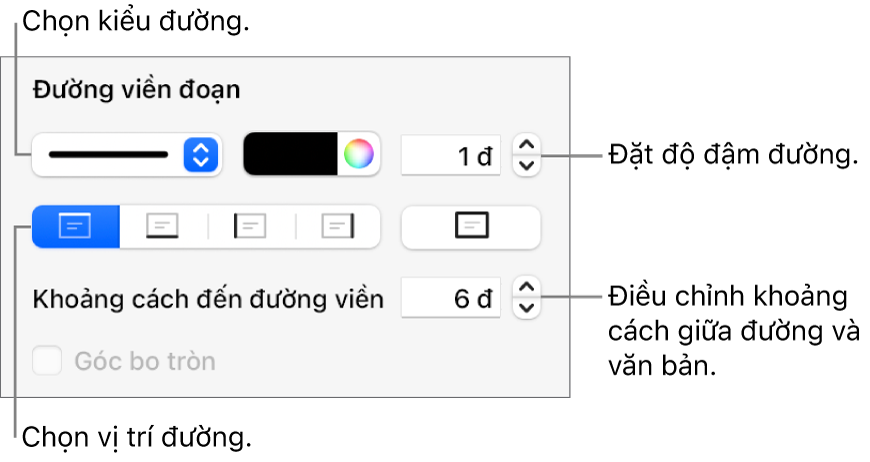 Các điều khiển để thay đổi kiểu đường, độ đậm, vị trí và màu.