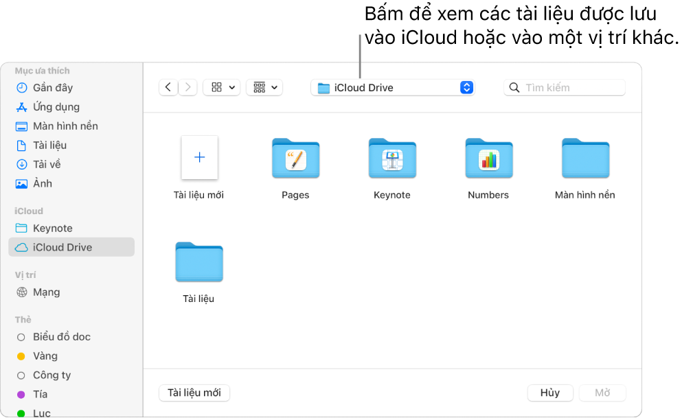 Hộp thoại Mở với thanh bên mở ở bên trái và iCloud Drive được chọn trong menu bật lên ở đầu. Các thư mục cho Keynote, Numbers và Pages xuất hiện trong hộp thoại, cùng với nút Tài liệu mới.