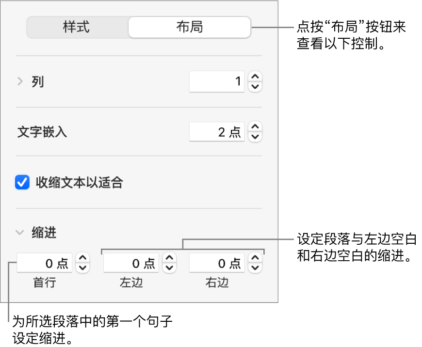 “格式”边栏上的“布局”部分，显示用于设置首行缩进和段落页边空白的控制。