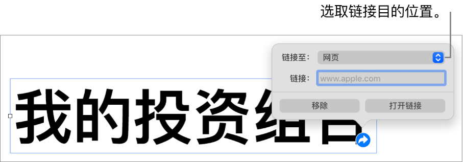 链接编辑器控制，“网页”已选中，“移除”和“打开链接”按钮位于底部。