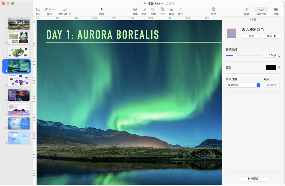 Keynote 讲演窗口，屏幕左侧的幻灯片导航器中已选择某张幻灯片。“过渡”控制出现在屏幕右侧打开的“动画效果”边栏中。