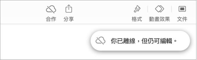 螢幕最上方的按鈕，「合作」按鈕變更為帶有對角線穿過的雲狀。螢幕上的提示顯示「你已離線，但仍可編輯」。