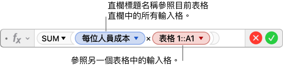 「公式編輯器」帶有一個三角形，按一下可以打開選項來保留橫列和直欄的參照。