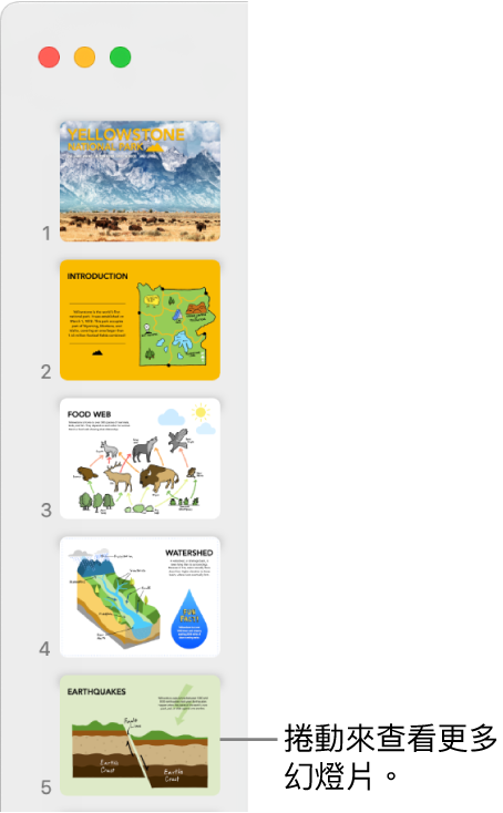 幻燈片導覽器依照順序以直向呈現五張幻燈片，以及向下捲動以檢視更多幻燈片的選項。