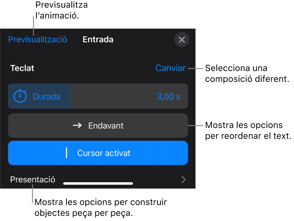 Les composicions d’entrada tenen les opcions Durada, “Animació de text” i Presentació. Toca “Canvia” per seleccionar una entrada diferent o “Previsualitza” per previsualitzar la composició.