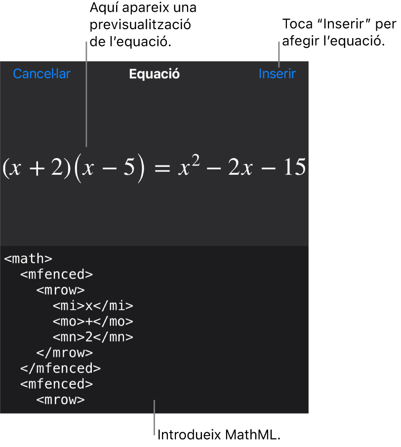 El quadre de diàleg Equació amb una equació escrita amb les ordres MathML i una previsualització de la fórmula al damunt.