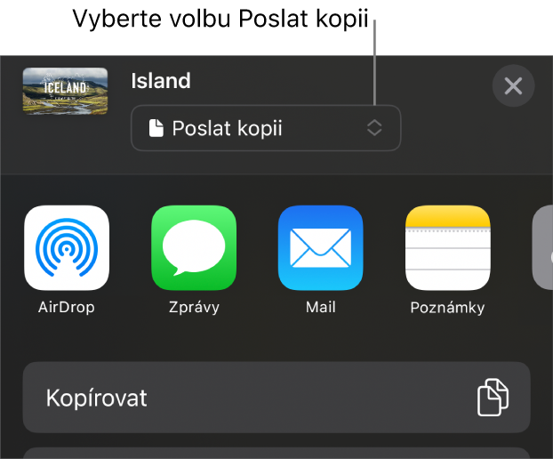 Nabídka sdílení, v níž je nahoře vybraná volba Poslat kopii