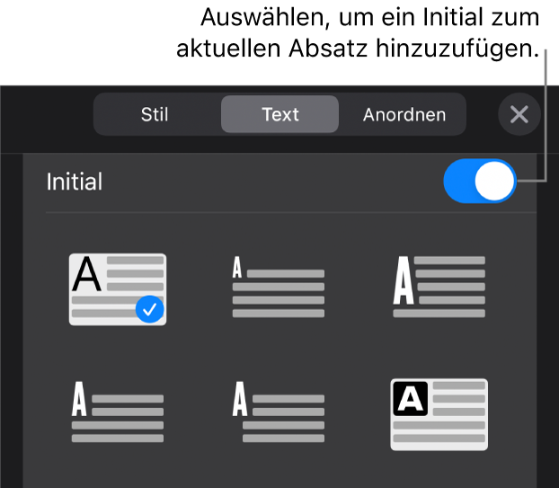 Die Steuerelemente „Initial“ im Menü „Text“