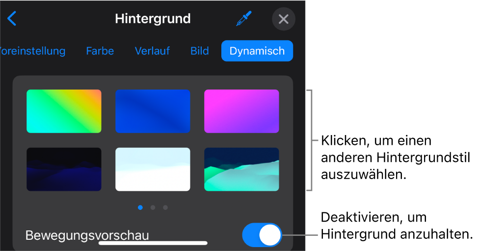 Die Steuerelemente für den dynamischen Hintergrund mit den Miniaturen der Hintergrundstile und der Taste „Bewegungsvorschau“.