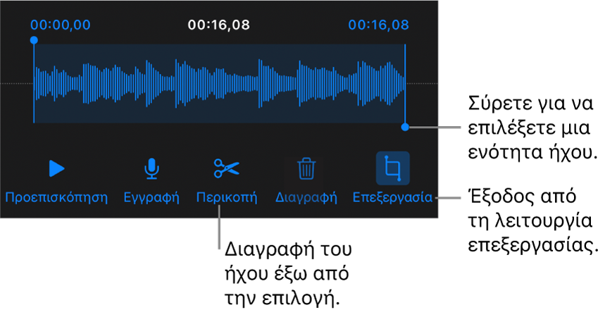 Στοιχεία ελέγχου για επεξεργασία ήχου εγγραφής. Λαβές που υποδεικνύουν την επιλεγμένη ενότητα της εγγραφής και τα κουμπιά «Προεπισκόπηση», «Περικοπή», «Διαγραφή» και «Επεξεργασία» από κάτω.