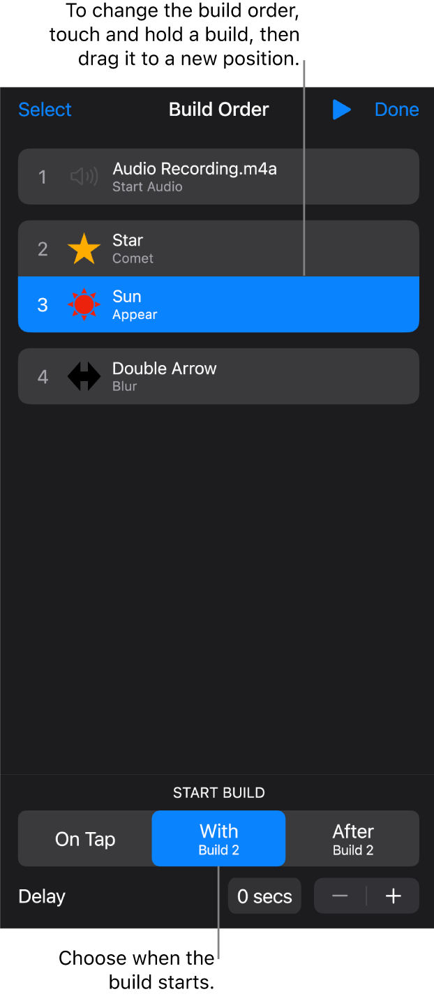 The Build Order list showing build in effects with yellow badges and build out effects with grey badges.