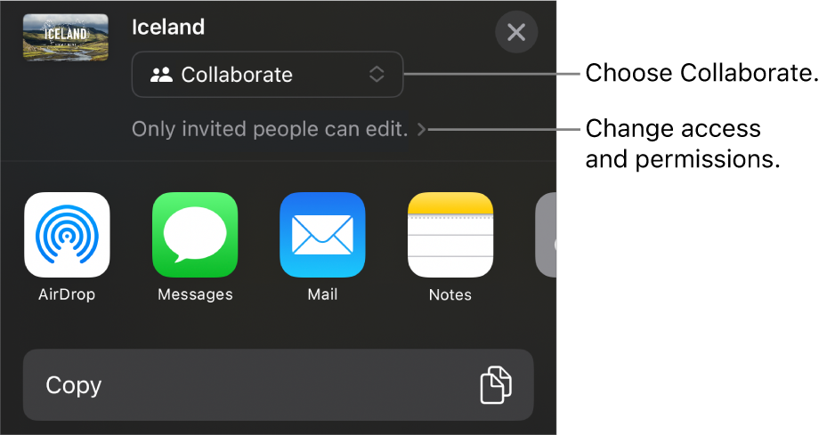 The Share menu with Collaborate selected at the top, and access and permission settings underneath.