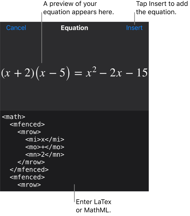 The Equation dialogue, showing an equation written using MathML commands and a preview of the formula above.