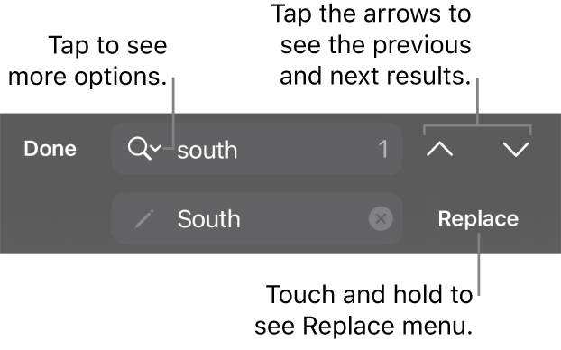 The Find & Replace controls above the keyboard with Replace, Go Up and Go Down buttons, and an arrow to tap for Search Options.