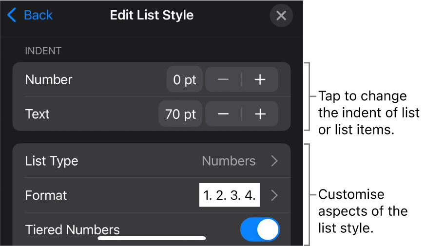 Edit List Style menu with controls for editing the list’s type and appearance.