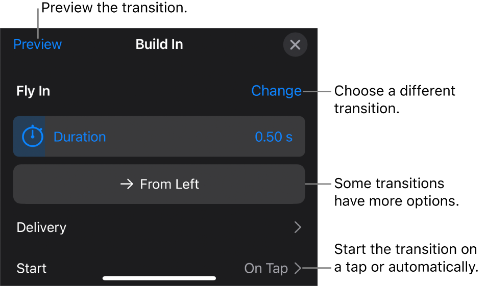 Controls in the Options pane for modifying a transition.