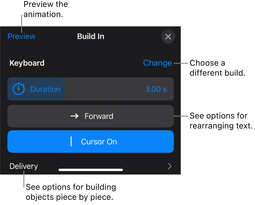 Build options include Duration, Text Animation, and Delivery. Tap Change to choose a different build, or tap Preview to preview the build.